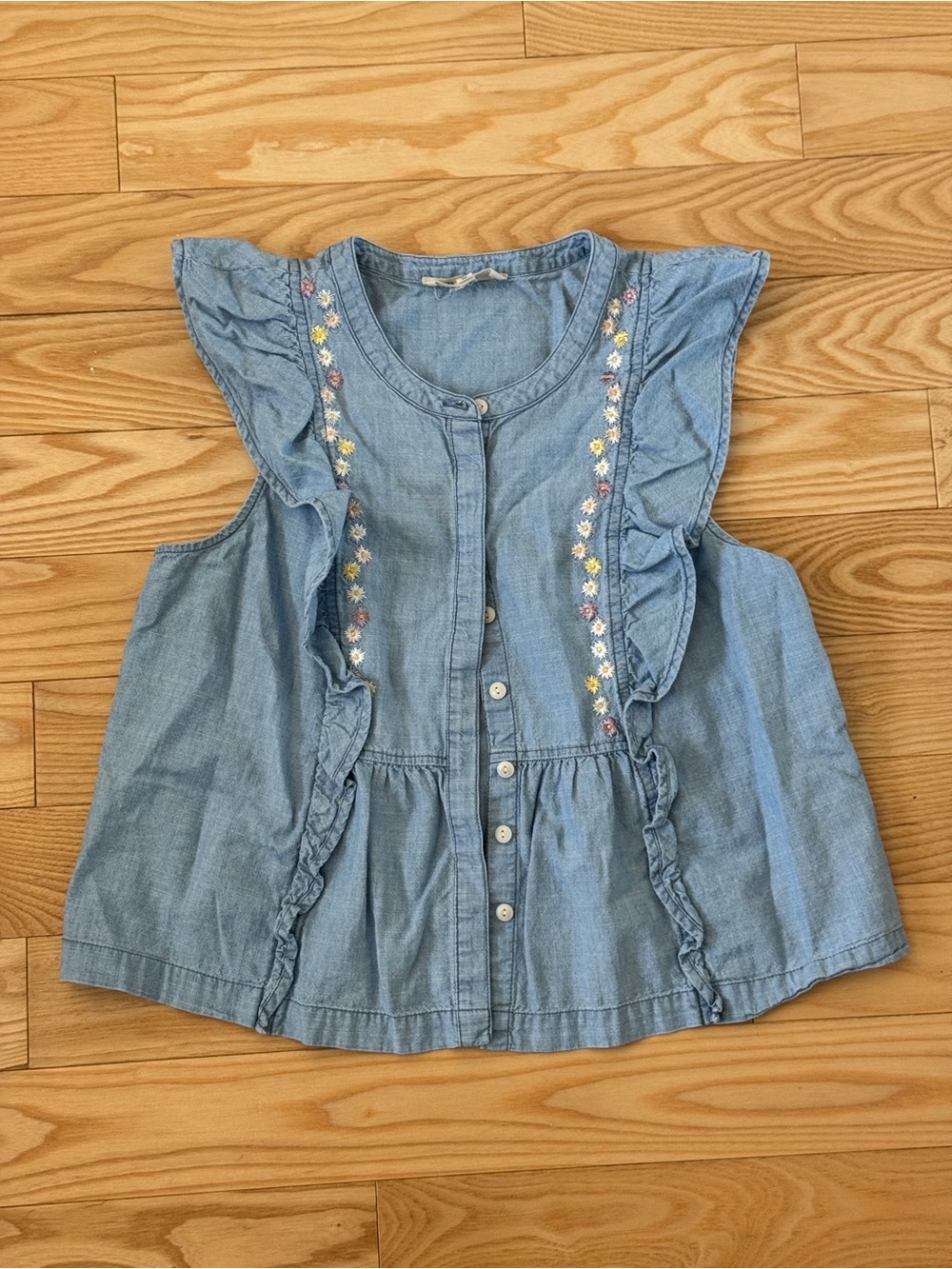 Madewell Floral Embroidered Chambray Blue Ruffle Top Size M